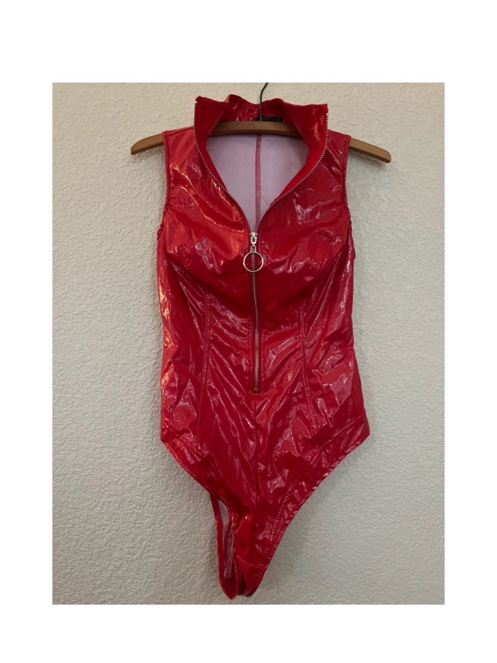 Red Patent Leather Zip-Front Sleeveless Bodysuit, size 4. Forever 21